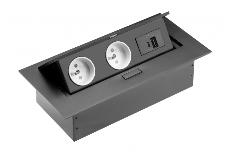 Base de muebles 2x enchufe con tierra, USB A+C, cable de alimentación con enchufe, negro.