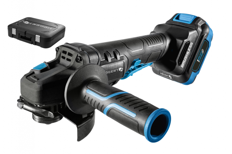 HÖGERT Amoladora angular inalámbrica con interruptor de paleta, 125MM, 18V - Set (batería, cargador, accesorios)