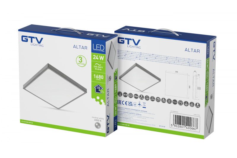 Lámpara de techo ALTAR LED, 295x295mm, 4000K, 24W, 1680lm, AC180-250V, 50/60 Hz, PF>0.5, IP54, gris, 3 años de garantía