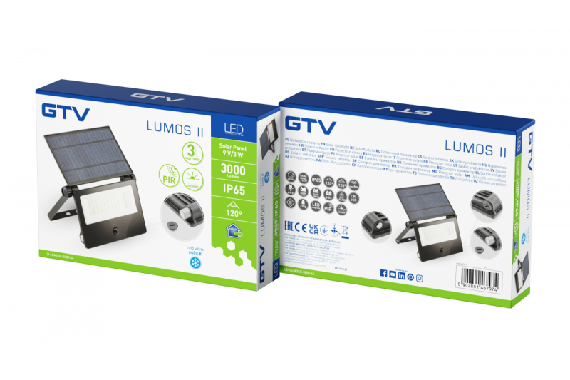 Luz de inundación solar LUMOS II, LED, 3000lm, 6400K, 2x2600mAh reemplazable, IP65, negro