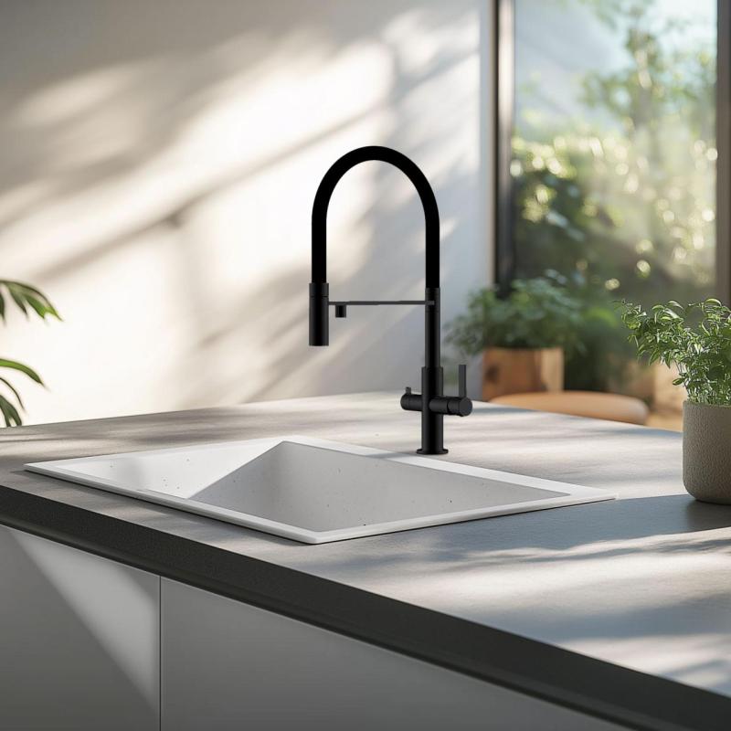 Ausmann Claridge Grifo de Cocina de 3 Vías con Caño Flexible y Agua Filtrada – Antracita – 1208970500