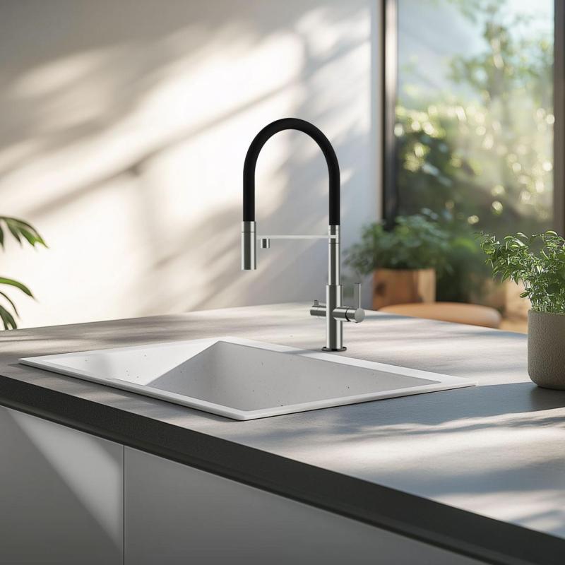 Ausmann Claridge Grifo de Cocina de 3 Vías con Caño Flexible y Agua Filtrada – Gris - 1208970502