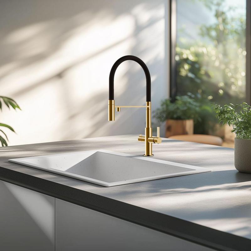 Ausmann Claridge Grifo de Cocina de 3 Vías con Caño Flexible y Agua Filtrada – Oro - 1208970504