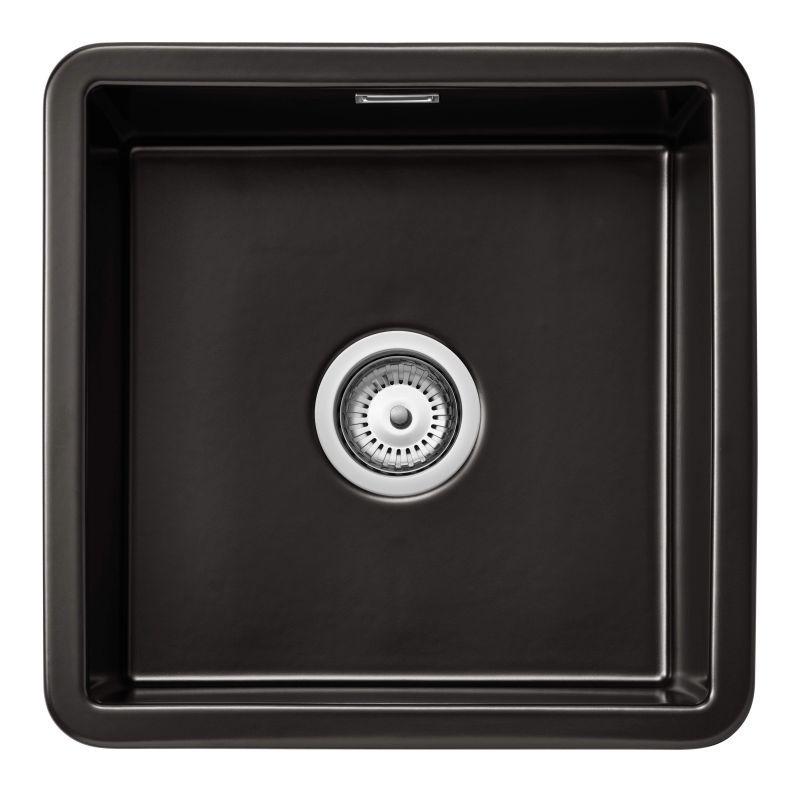 Ausmann Ceramic Ember Fregadero cuadrado de cerámica negro para montaje sobre encimera y bajo encimera 40 x 40 cm con tapón de acero inoxidable 1208970507
