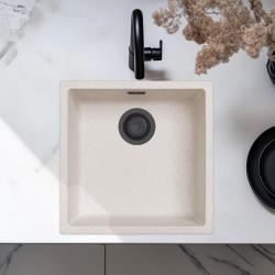 Fregadero de Arena Blanco Crema 40x40 cm para Instalación Bajo Encimera, Sobre Encimera y a Nivel con Tapón Negro Mate 1208970540.