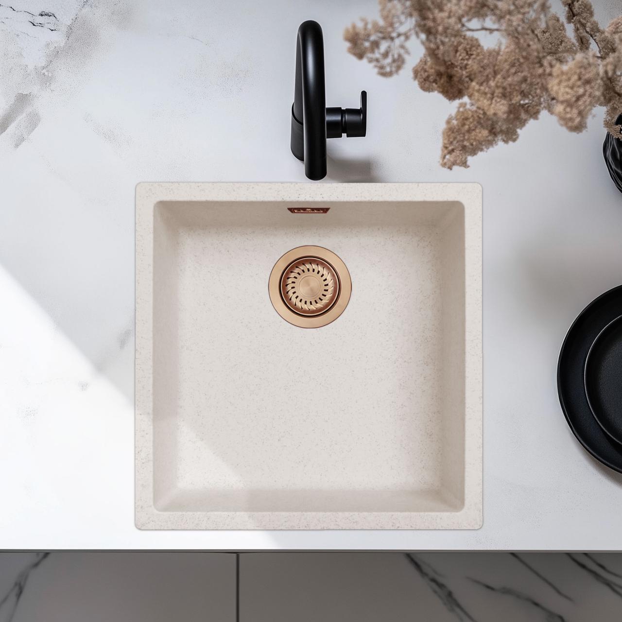 Fregadero de Arena Blanco Crema 40x40 cm para Montaje Inferior, Superior y a Ras con Tapón de Cobre 1208970543.