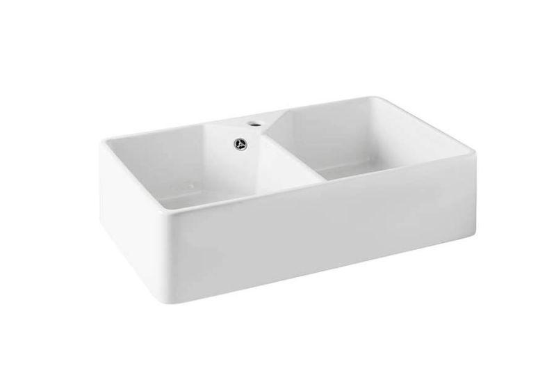 Ausmann Ceramic Mira Cerámica Blanca Doble Fregadero - Montaje Inferior y Medio 793 x 450 mm con banco de grifo y tapón de acero inoxidable 1208970550