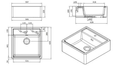Ausmann Ceramic Panor Shade Ceramic White Butler Sink - Undermount and Semi-Recessed 630 x 597 mm with Tap Deck and Gold Plug 1208970558