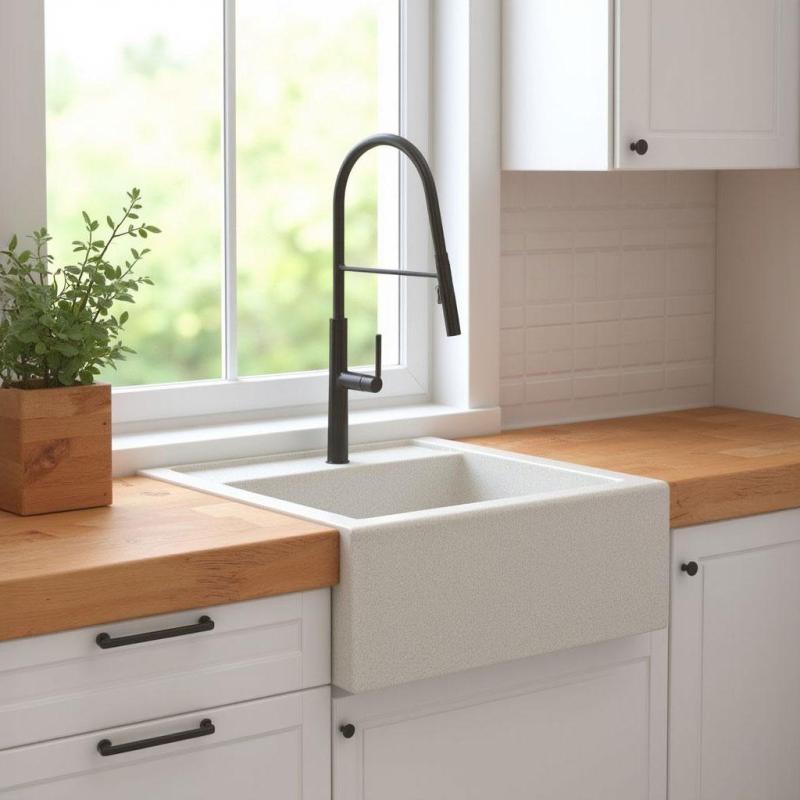 Graniteland Arno Fregadero de Granito Blanco de montaje intermedio 582x620mm con tapón cuadrado de acero inoxidable 1208970604.