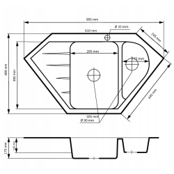 Graniteland Amiata Granito negro Arduin aspecto piedra azul Fregadero angular sobre encimera 955 x 489 mm con tapón de acero inoxidable 1208970620