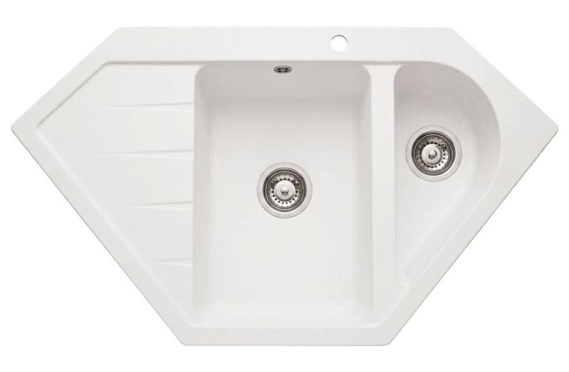 Graniteland Amiata Fregadero de granito blanco en esquina, montaje sobre encimera, 955 x 489 mm, con tapón de acero inoxidable 1208970622