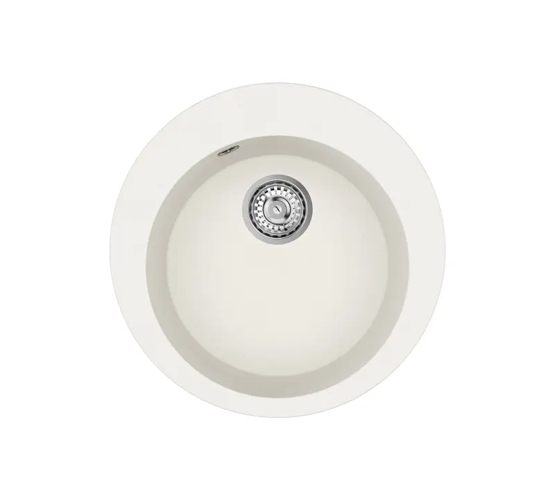 AquaGranite Lago Fregadero redondo de granito blanco sobre encimera de 505 mm con tapón de acero inoxidable y 1 orificio para grifo 1208970689.