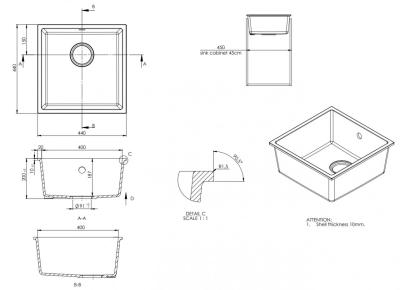 GraniteMy Universal Granite Gray, dark Sink 40x40 cm Top Mount, Undermount and Flush Mount with Stainless Steel Plug 1208970742