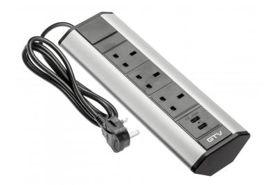 Desk extension cable angled 3x UK socket, 2xUSB 2.1A 5V (silver) ENGLISH VERSION