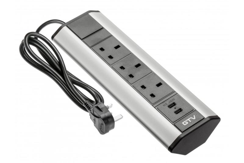 Cable de extensión de escritorio con 3 enchufes británicos en ángulo, 2xUSB 2.1A 5V (plata) VERSIÓN INGLESA