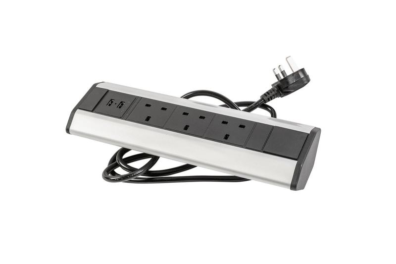 Cable de extensión de escritorio con 3 enchufes británicos en ángulo, 2x USB 2.1A 5V (plata) SIN LOGO