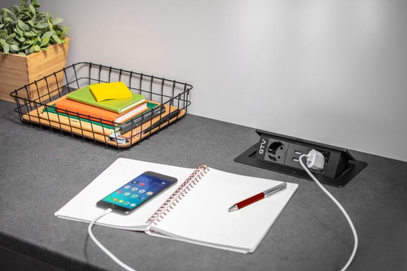 Cable alargador para escritorio SOFT 2x enchufe Schuko, USB 2.1A, cable de alimentación con enchufe, negro