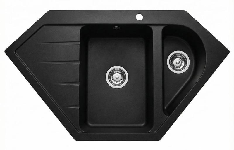 Graniteland Amiata Fregadero de granito negro en esquina, montaje sobre encimera, 955 x 489 mm, con tapón de acero inoxidable 1208971120