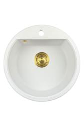 Mi Bremen redondo fregadero de granito de 43 cm blanco de montaje superior e inferior con banca de agujero de grifo con tapón de oro 1208971219