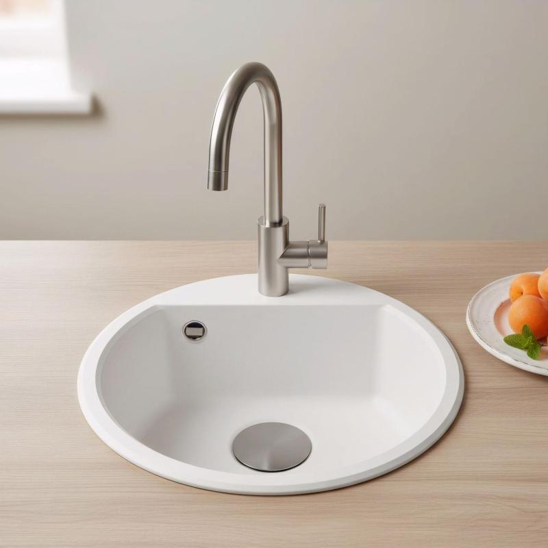 Mi Bremen redondo fregadero de granito 43 cm blanco de montaje superior e inferior con orificio para grifo con tapón color Gun metal (Gris plomo) 1208971220