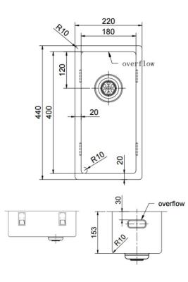 Pure.Sink Exclusivo small stainless steel sink 18x40 cm 10mm radius undermount, flush mount and top mount PEX1840-02
