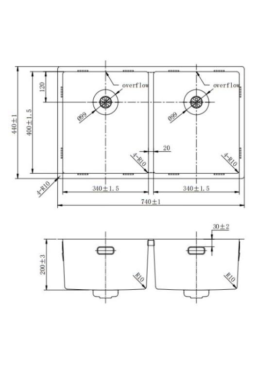 Pure.Sink Prestige Double Stainless Steel Sink 70x40 cm 10mm radius undermount, flush mount and top mount PPG343440-02