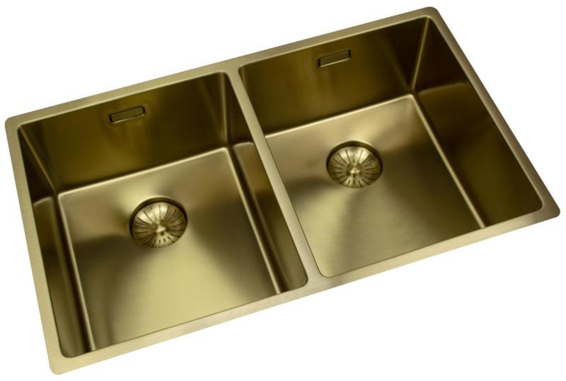 Pure.Sink Prestige Doble fregadero dorado de 70x40 cm con radio de 10mm para montaje inferior, montaje a ras y montaje superior PPG343440-60