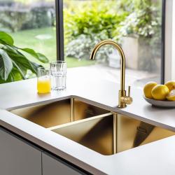 Pure.Sink Prestige Doble fregadero dorado 82x40 cm radio de 10mm para montaje inferior, montaje plano y montaje superior PPG404040-60