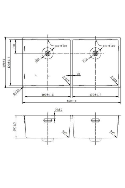 Pure.Sink Prestige Doble fregadero color Gun metal (Gris plomo)  82x40 cm radio de 10mm bajo encimera, instalación al ras y montaje en superficie PPG404040-61