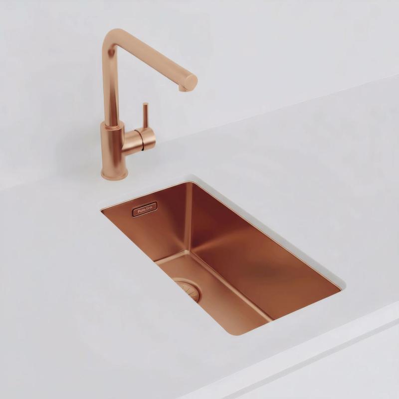 Pure.Sink Exclusivo pequeño fregadero de cobre 18x40 cm radio de 10mm para montaje inferior, montaje empotrado y montaje superior PEX1840-62