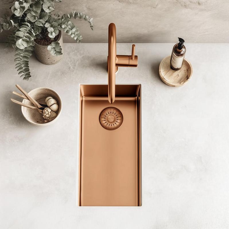 Pure.Sink Exclusivo pequeño fregadero de cobre 18x40 cm radio de 10mm para montaje inferior, montaje empotrado y montaje superior PEX1840-62