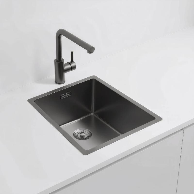 Pure.Sink Exclusivo fregadero  color Gun metal( gris plomo) 34x40 cm radio de 10mm para montaje inferior, empotrado y superior PEX3440-61