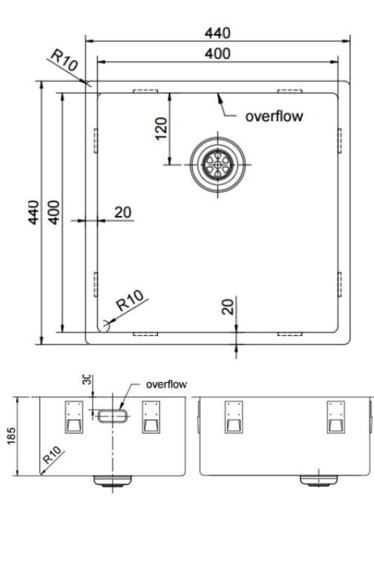 Pure.Sink Exclusivo lavabo RVS 40x40 cm radio de 10mm para montaje inferior, montaje a ras y montaje superior PEX4040-02