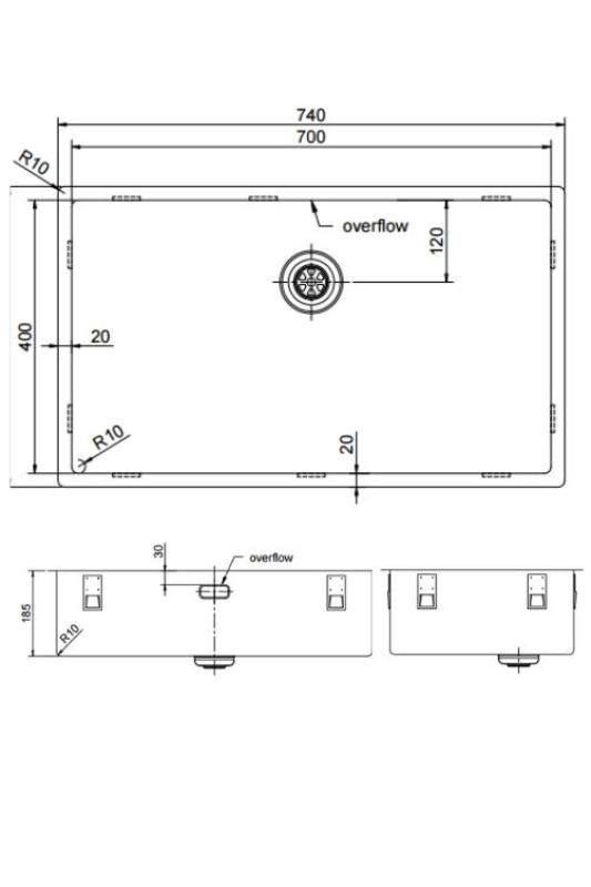 Pure.Sink Exclusivo gran fregadero de metal Gun de 70x40 cm, radio de 10mm para montaje inferior, empotrado y superior PEX7040-61