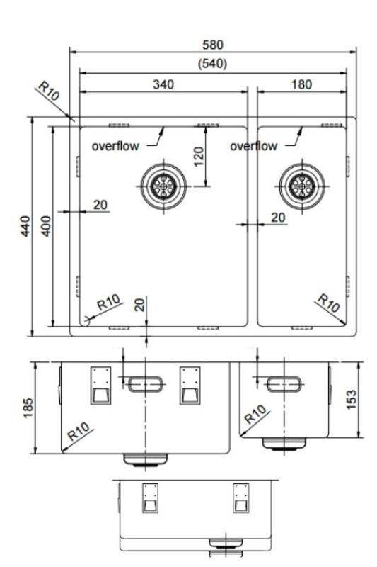Pure.Sink Exclusivo Gun Metal 1,5 lavabo y medio 34+18 cm radio de 10mm PEX341840-61