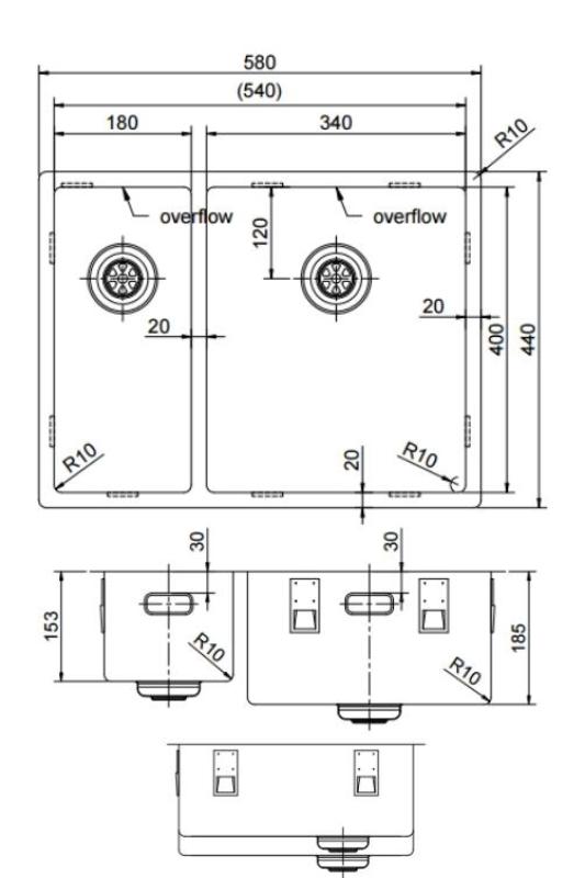 Pure.Sink Exclusivo RVS 1,5 lavabo y medio 18+34 cm radio de 10mm PEX183440-02