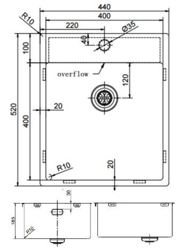 Pure.Sink Exclusivo fregadero de acero inoxidable de 44x52 cm Tapwing con banco de orificio para grifo radio de 10mm PEX4040T-02