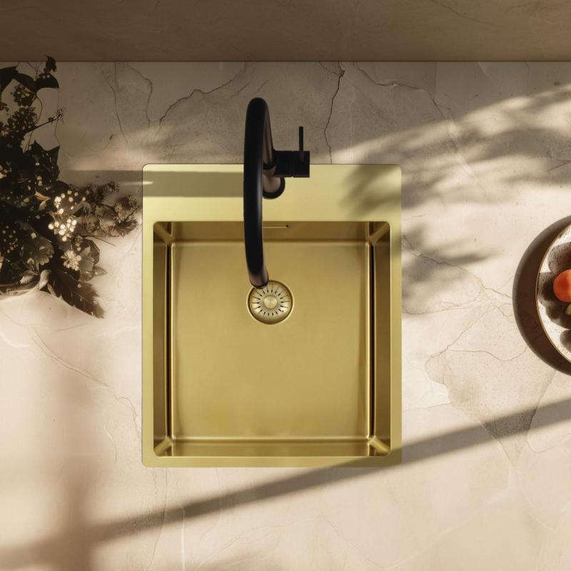 Pure.Sink Exclusivo Fregadero dorado de 44x52 cm Tapwing con banco de agujero de grifo radio 10mm PEX4040T-60