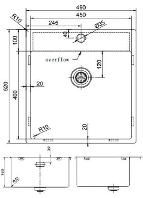 Pure.Sink Exclusivo Stainless Steel Sink 49x52 cm Tapwing with faucet hole bench 10mm radius PEX4540T-02