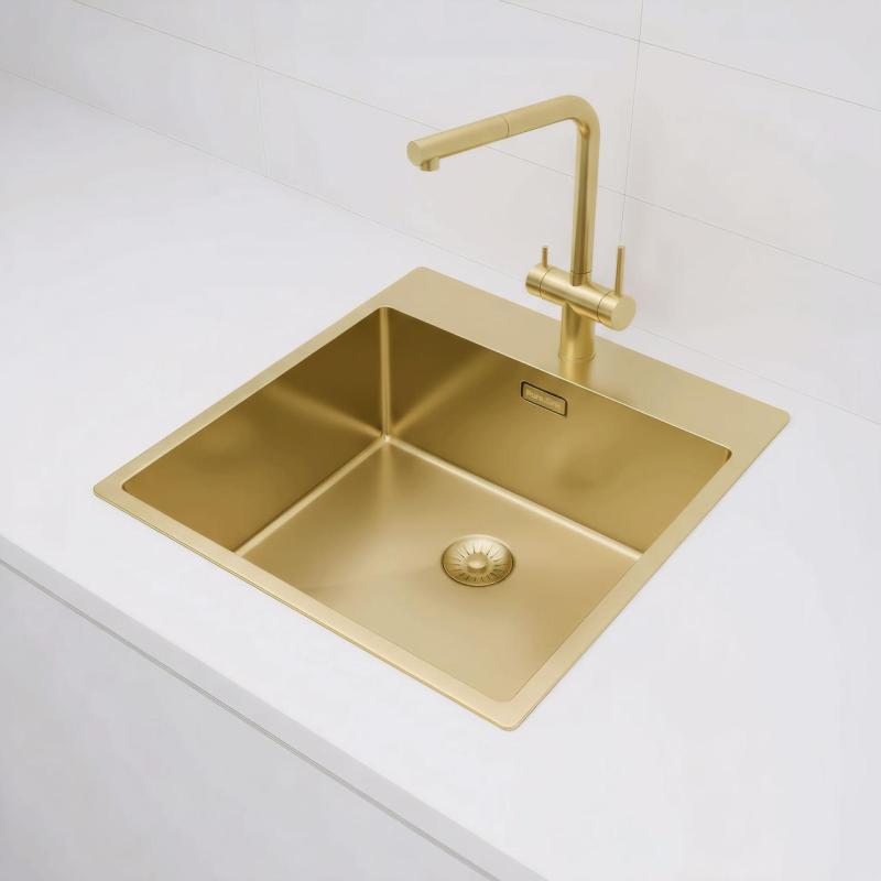 Pure.Sink Exclusivo Dorado fregadero 49x52 cm Tapwing con banco de orificios para grifo radio 10mm PEX4540T-60