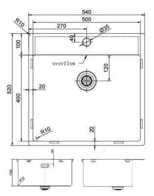Pure.Sink Exclusivo Gun Metal sink 54x52 cm Tapwing with faucet hole bank 10mm radius PEX5040T-61