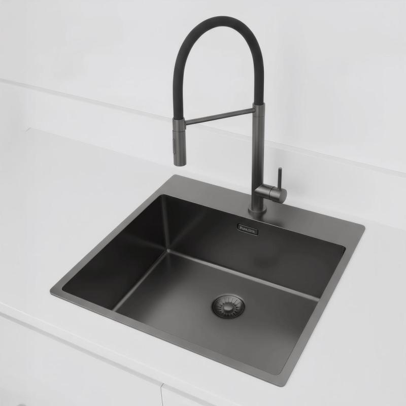 Pure.Sink Exclusivo Gun Metal fregadero 54x52 cm Tapwing con banco de agujeros para grifo, radio de 10mm PEX5040T-61