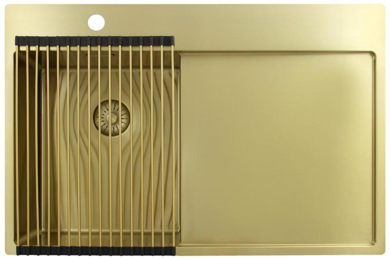 Pure.Sink Exclusivo Fregadero pequeño dorado con escurridor 78 x 52 cm Grifo a la izquierda PEX3478LT-60