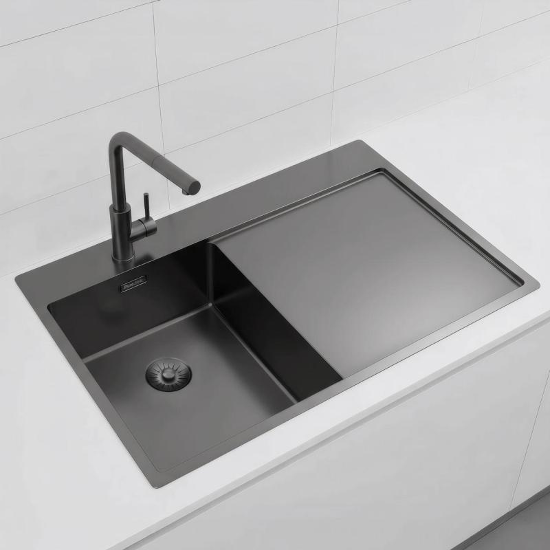 Pure.Sink Exclusivo Gun Metal pequeño fregadero con zona de escurrido 78x52 cm Tapwing a la izquierda PEX3478LT-61