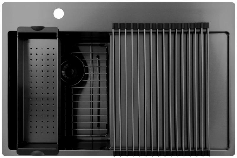 Pure.Sink Exclusivo Gun Metal pequeño fregadero con zona de escurrido 78x52 cm Tapwing a la izquierda PEX3478LT-61