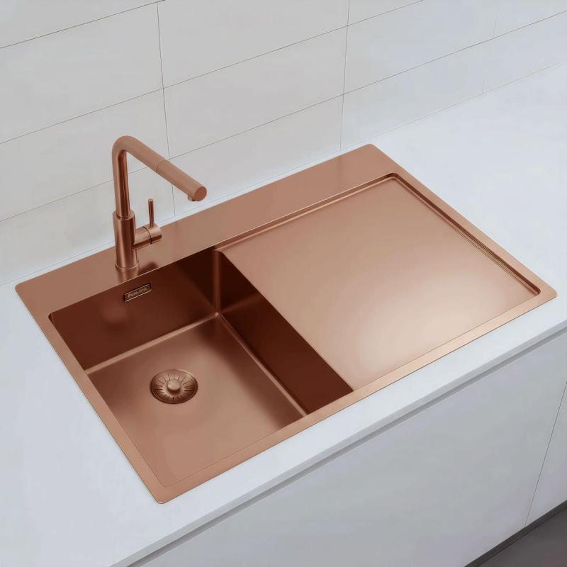 Pure.Sink Exclusivo Lavabo pequeño de cobre con zona de escurrido 78x52 cm Tapwing a la izquierda PEX3478LT-62