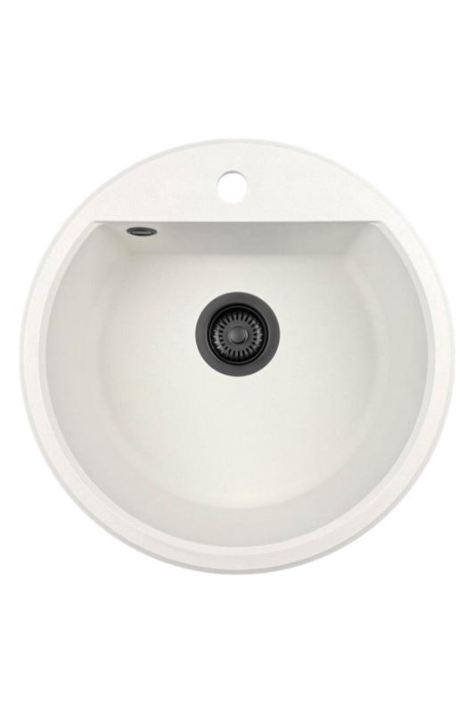 GraniteMy Bremen lavabo redondo de granito de 43 cm blanco de montaje superior e inferior con orificio para grifo y tapón negro 1208971312