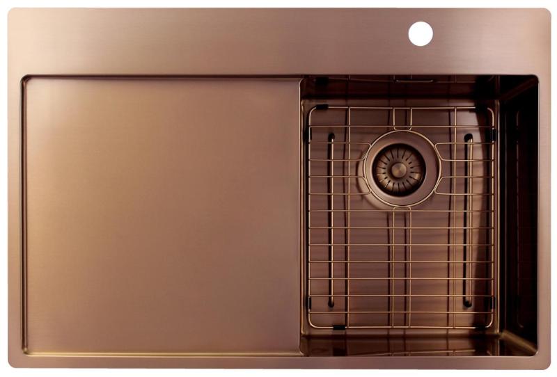 Pure.Sink Exclusivo Pequeño fregadero de cobre con área de escurrimiento 78x52 cm Tapwing a la derecha PEX3478RT-62