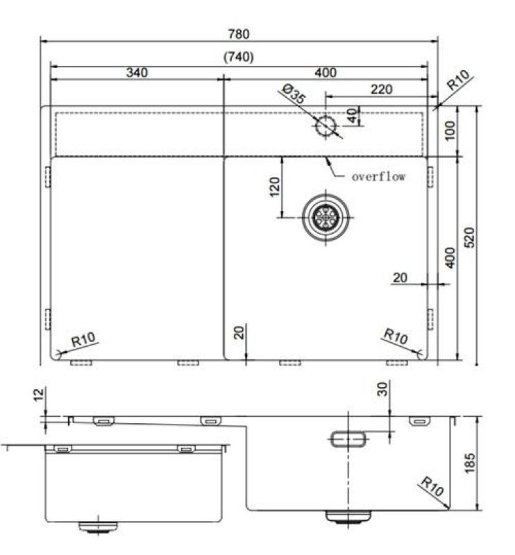 Pure.Sink Exclusivo fregadero de acero inoxidable con zona de escurrido 78x52 cm Tapwing a la derecha PEX4078RT-02