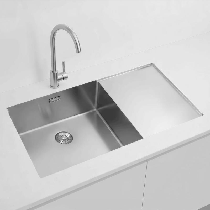 Pure.Sink Exclusivo fregadero de acero inoxidable con zona de escurrido 86x52 cm Tapwing a la izquierda PEX5086LT-02